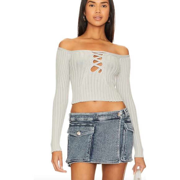 NBD Gray Off Shoulder Cropped Sweater MEDIUM Knot Ribbed Designer Revolve $188 - Picture 1 of 8